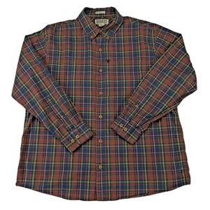 Duluth Trading‎ Co Mens Large Relaxed Fit Untucked Plaid Button Down Shirt Brown
